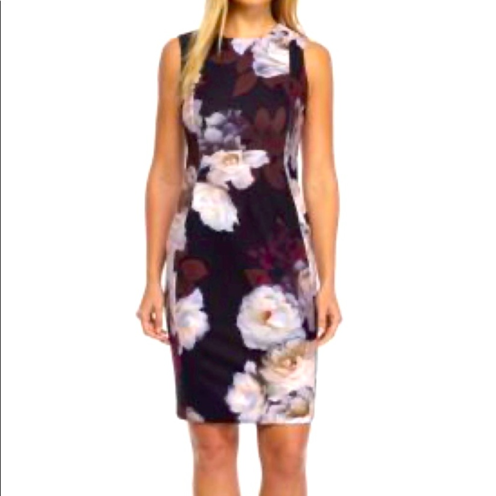 Calvin Klein Floral Scuba Dress, Size 6, colors: black, white and red.